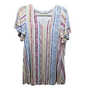 EMILY WONDER Women White Colorful Stripe Pattern Ruffle Sleeve Tunic Dress Small